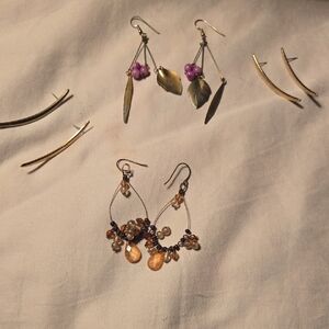 2 Pair Curved Bar Gold Tone , Purple and Brown Earrings